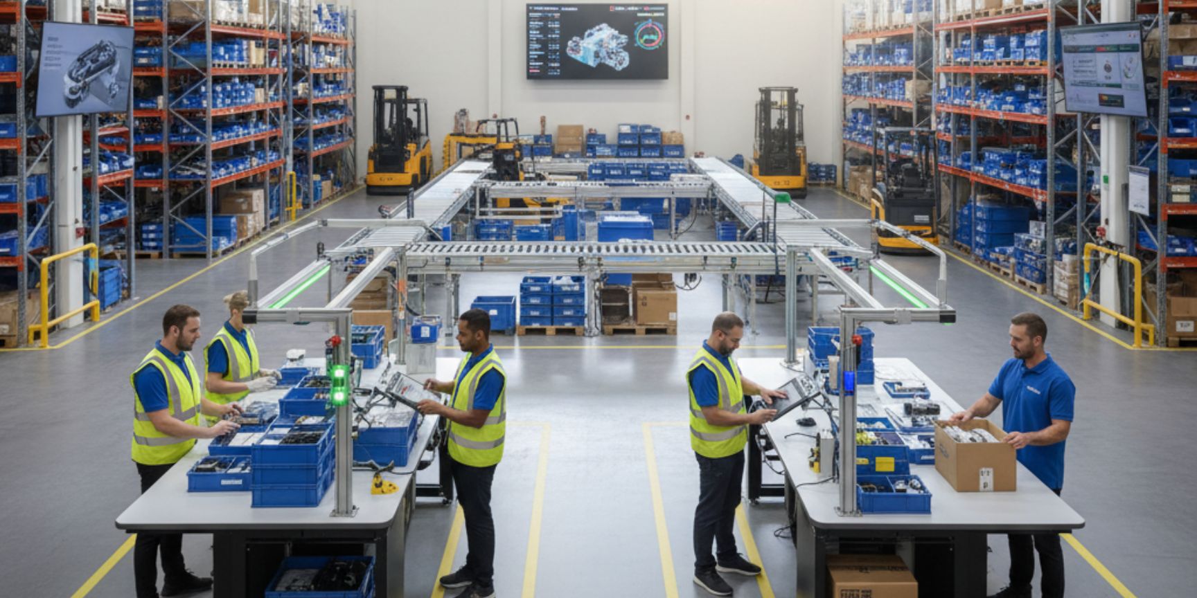 Several warehouse workers in safety vests forming kits at ergonomic work tables in a modern logistics center, surrounded by high-bay warehouses and a conveyor belt system. Digital warehouse overviews and process data can be seen on screens in the background.